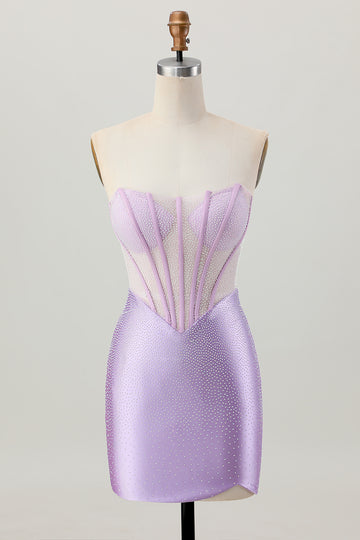 Lilac Beaded Strapless Corset Short Satin Homecoming Dress